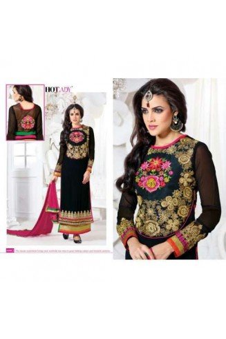 Black "HOTLADY" BY MEHZABI PARTY WEAR LONG STRAIGHT SALWAR KAMEEZ