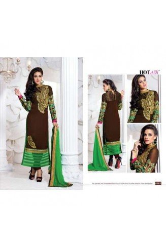 Dark Brown and Green "HOTLADY" BY MEHZABI PARTY WEAR LONG STRAIGHT SALWAR KAMEEZ