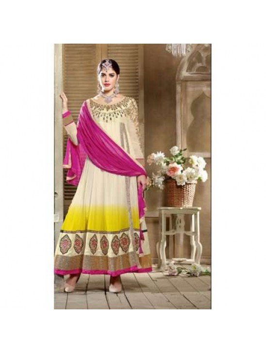 White and Yellow SHABANA BY SAINX DESIGNER WEAR ANARKALI