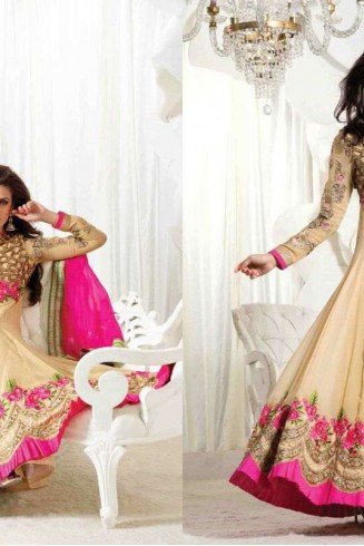 Cream and Pink Safeena Nett and Georgette Party Wear Anarkali