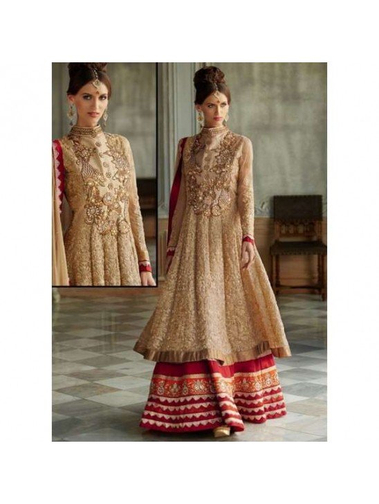 Golden DETAILED EMBROIDERED WEDDING WEAR DESIGNER ANARKALI