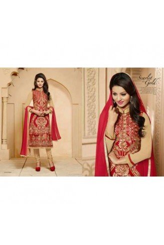 Red and Golden KEYAS 4 GEORGETTE LONG LENGTH STRAIGHT SUIT