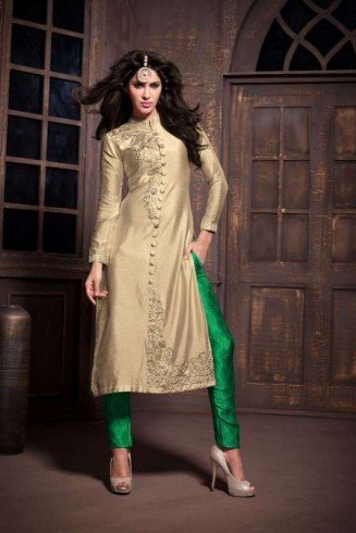 ZA14002 Gold and Green Maskeen Anaya senora Embroidered Designer Dress