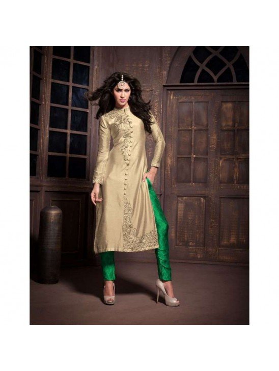 ZA14002 Gold and Green Maskeen Anaya senora Embroidered Designer Dress