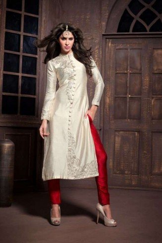 White and Red Maskeen Anaya senora Embroidered Designer Dress