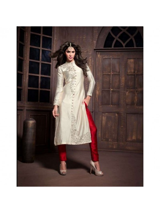 White and Red Maskeen Anaya senora Embroidered Designer Dress