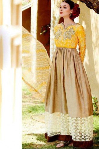 Beige and Yellow Heer By Kimora GEORGETTE Anarkali Suit