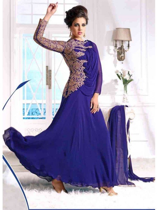 Blue WEDDING WEAR GEORGETTE & NET LONG SEMI STITCHED ANARKALI SUIT