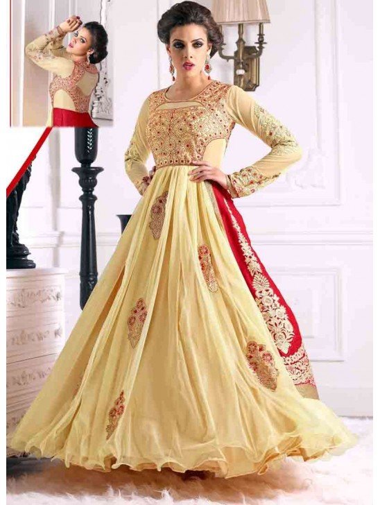 Buttercup Yellow and Red WEDDING WEAR GEORGETTE & NET LONG ANARKALI SUIT