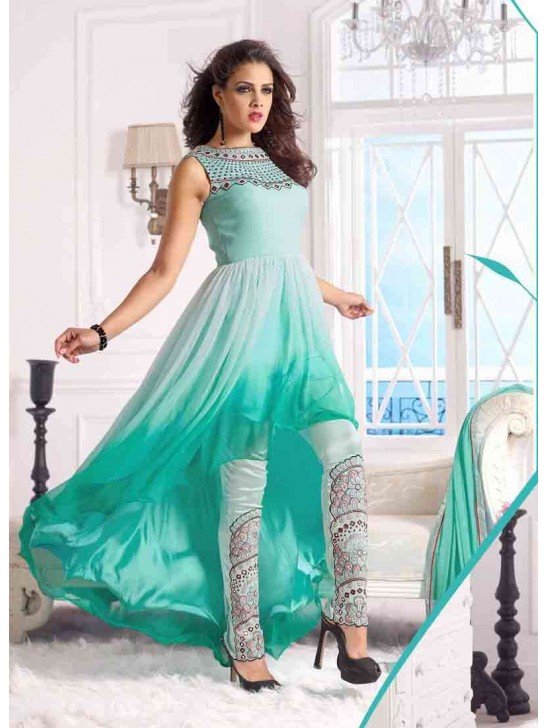 Sea Green WEDDING WEAR GEORGETTE & NET LONG ANARKALI SUIT