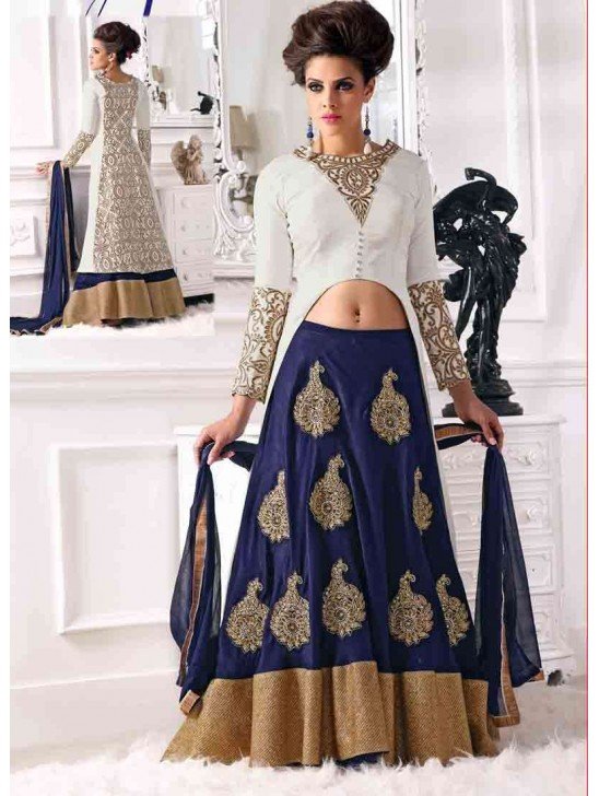 White and Blue WEDDING WEAR GEORGETTE & NET LONG ANARKALI SUIT