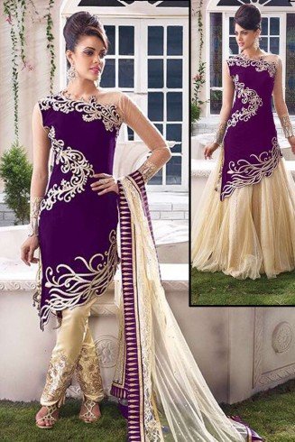 Purple and Gold ZOYA EMPRESS SPLASH VELVET LENGHAS DRESSES