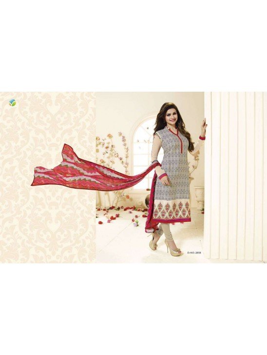 SLK2858 - Rose with White and Black Patterns Kaseesh Silkina Royal Crepe 3 Salwar Kameez Suit