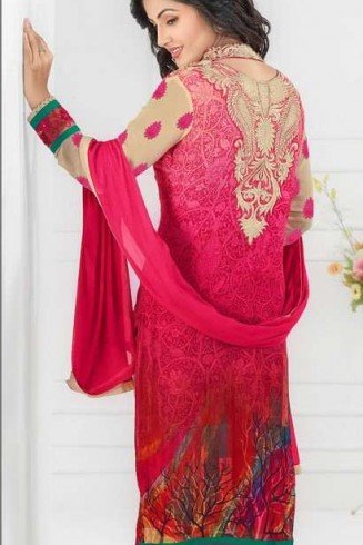 Hot Pink Heena Khan Semi Stitched Churidaar Suit