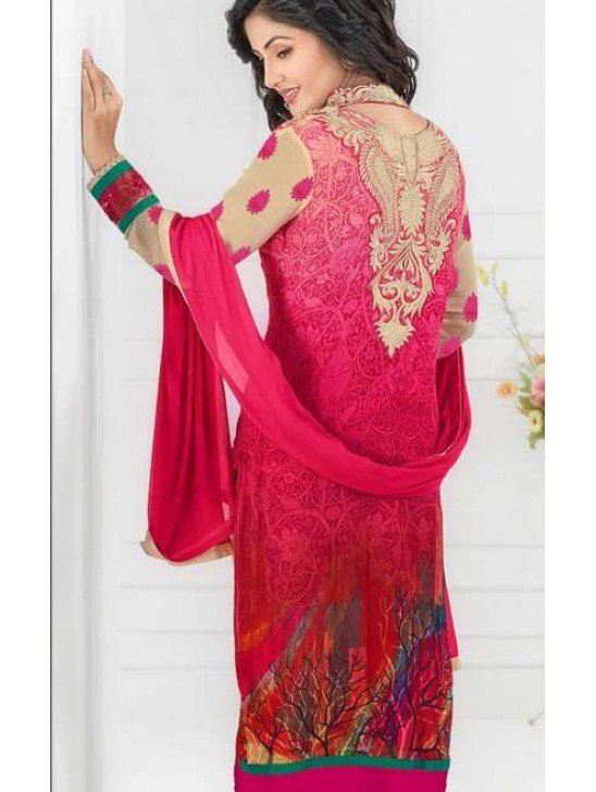 Hot Pink Heena Khan Semi Stitched Churidaar Suit