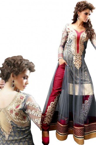 Zoya Lilac Grey Red Zoya Party Wear Anarkali Churidaar Suit