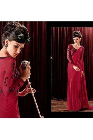 Maroon Indian Designer Saree Style Dress