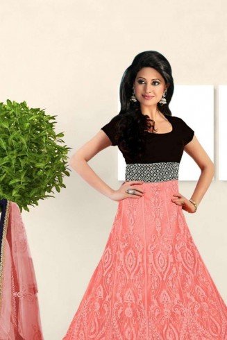 Black and Peach  Embroidered Floor Length Anarkali Suit