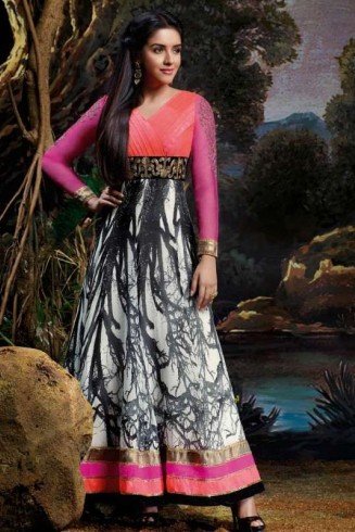 Black & Pink Printed Indian Anarkali Suit 