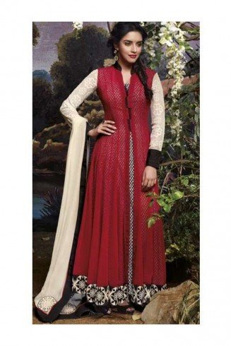 Red Indian Semi Stitched Anarkali Dress