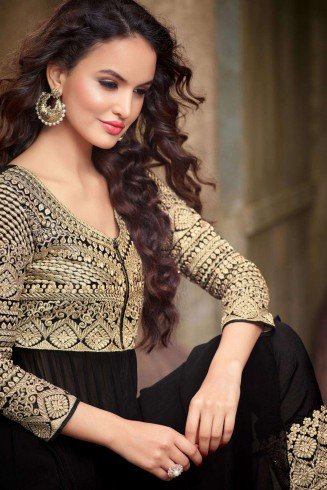 Black Long Kameez Suit Pakistani Designer Evening Dress