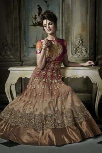 Gold Brown with Red Khwaab Aura wedding Anarkali Gowns (KH-8004)