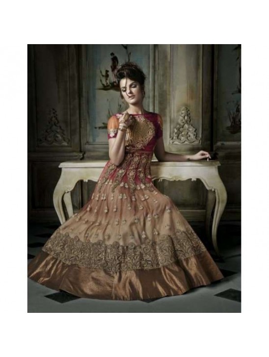 Gold Brown with Red Khwaab Aura wedding Anarkali Gowns (KH-8004)