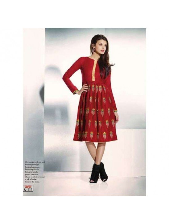 Red Embroidered Pashmina Designer Casual Kurti