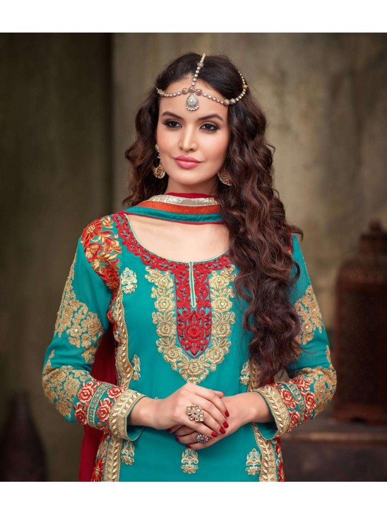 MA2210 Red and Blue Green Maskeen Maisha Crush Bridal Lengha