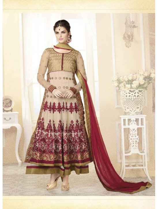 Mehak Beige With Maroon Wedding Wear Georgette & Net Anarkali Suit