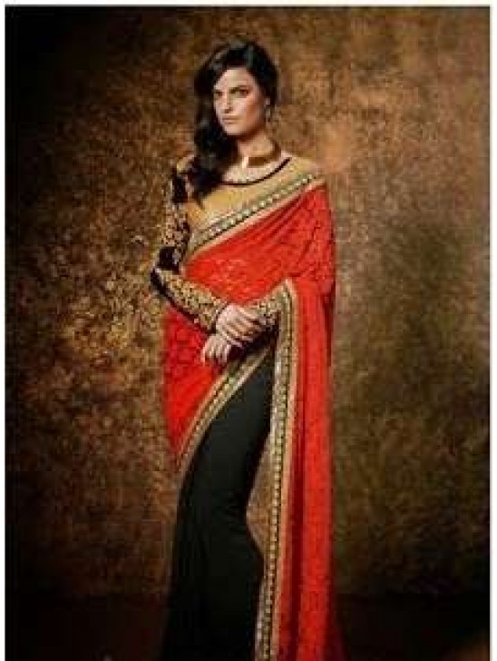 Golden, Black and Red KHAWAB WEDDING WEAR SAREE