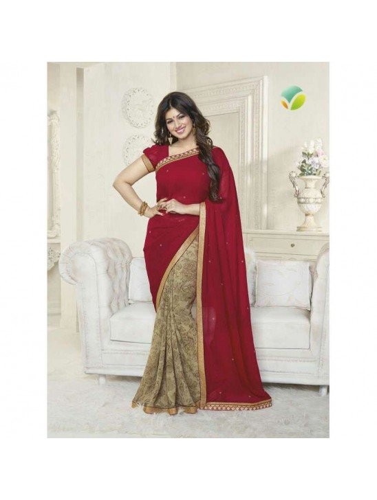 Z16171 Red Golden Ayesha Takia "Sheesha Star Walk" Chiffon Georgette Party Wear Saree