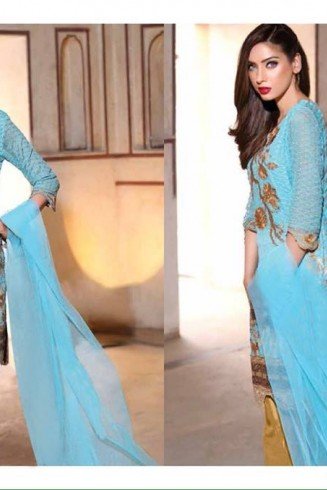 ZDS22001 SKY BLUE AND GOLD BAROQUE 3 BY DEEPSY GEORGETTE READY MADE EMBROIDERED SUIT IN MEDIUM SIZE