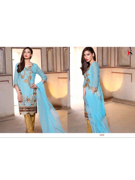 ZDS22001 SKY BLUE AND GOLD BAROQUE 3 BY DEEPSY GEORGETTE READY MADE EMBROIDERED SUIT IN MEDIUM SIZE