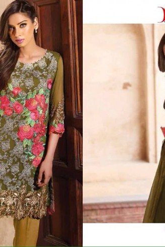 BAROQUE INSPIRED UNSTITCHED MEHNDI GREEN PAKISTANI SUIT