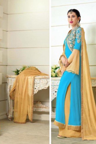 Sea Blue & Gold Indian Palazzo Suit Ethnic Wedding Dress