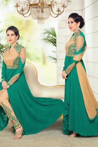 Dark Turquoise & Beige Indian Anarkali Suit Pakistani Wedding Dress