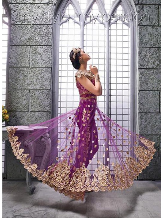 Purple Indian Party Dress Designer Embroidered Net Gown