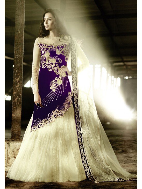 ZF15002 PURPLE AND BEIGE ZOYA FEELINGS WEDDING WEAR VELVET DRESS