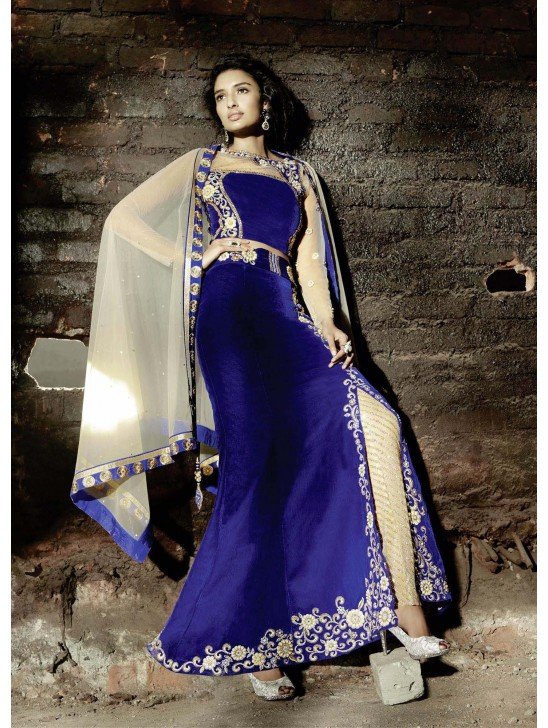 ZF15003 BLUE AND BEIGE ZOYA FEELINGS WEDDING WEAR VELVET DRESS