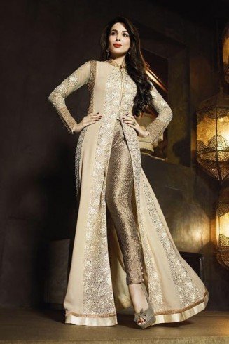 Bollywood Dress Cream Glossy Front Slit Gown 