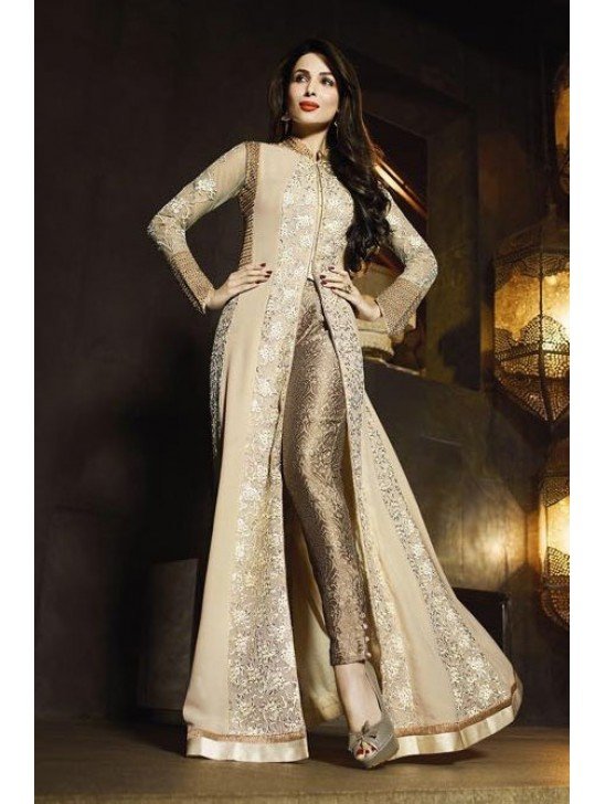 Bollywood Dress Cream Glossy Front Slit Gown