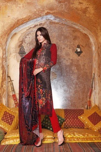 ZVL-18 RED SILK VELVET GUL AHMAD SALWAR KAMEEZ SUIT [ Replica ]