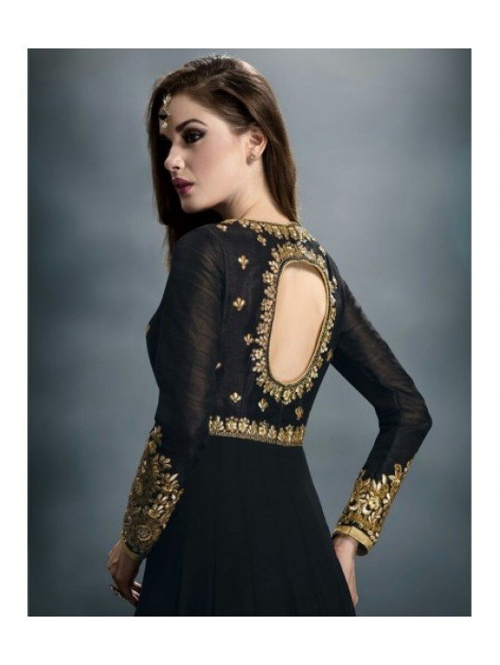 Fabulous Black Anarkali Dress Front Slit Designer Embroidered Suit