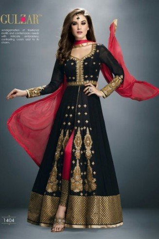 Fabulous Black Anarkali Dress Front Slit Designer Embroidered Suit