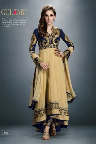 Blue Gold Anarkali Frock Dress Indian Party Suit