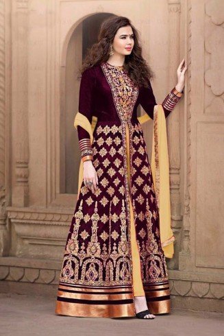 Plum & Gold Anarkali Dress Indian Wedding Suit