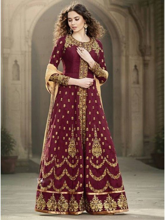 Maroon Embroidered Anarkali Dress Pakistani Gown