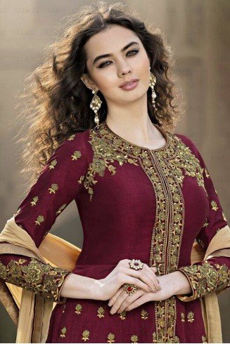 Maroon Embroidered Anarkali Dress Pakistani Gown