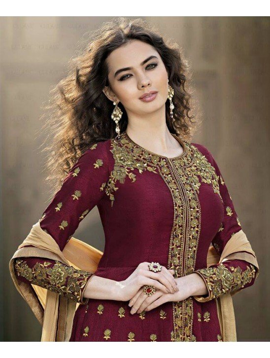 Maroon Embroidered Anarkali Dress Pakistani Gown